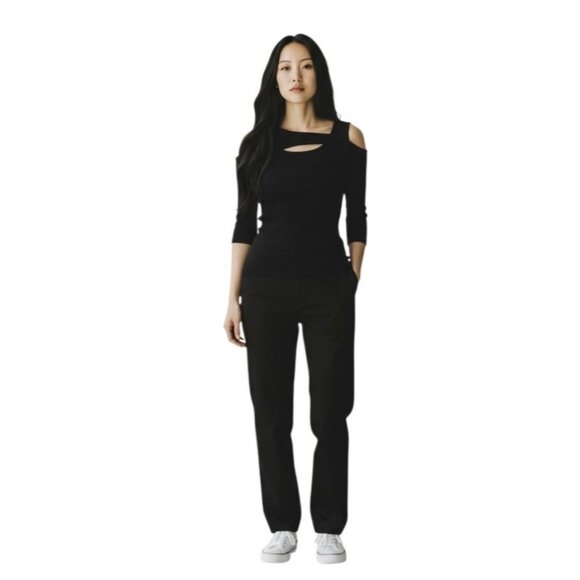 (F-187) Goldray 3/4 sleeves womens top size XS black color sholder open - Picture 1 of 6
